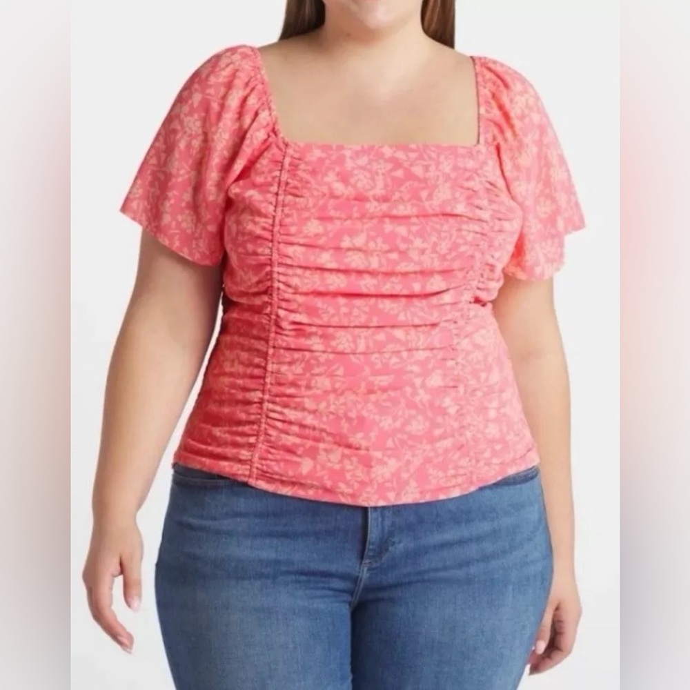 Lush Pink Floral Ruched Short Sleeve Top Back Smocked Stretchy Panel Size 2X